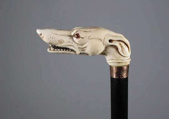 Carved Whippet Dog Head Grip Cane, 19th Century