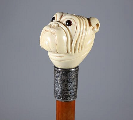 Large Carved Dog Head Grip Walking Stick, 19th Century