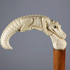 Carved Alligator C-Grip Cane, 19th Century