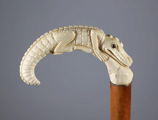Carved Alligator C-Grip Cane, 19th Century
