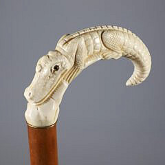 Carved Alligator C-Grip Cane, 19th Century
