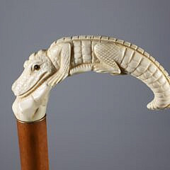 Carved Alligator C-Grip Cane, 19th Century