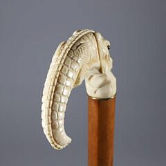 Carved Alligator C-Grip Cane, 19th Century