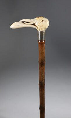 Carved Elephant L-Grip Cane, 19th Century