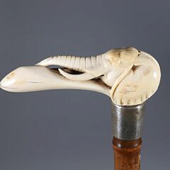 Carved Elephant L-Grip Cane, 19th Century