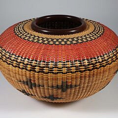 Joan Brink Polychrome Woven "Navajo" Style Basket with Mahogany Rim and Base