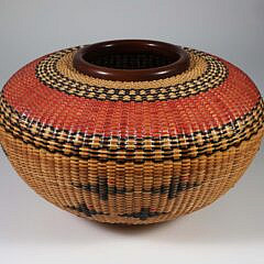 Joan Brink Polychrome Woven “Navajo” Style Basket with Mahogany Rim and Base