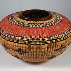 Joan Brink Polychrome Woven “Navajo” Style Basket with Mahogany Rim and Base