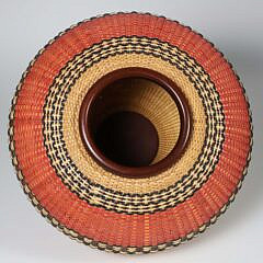 Joan Brink Polychrome Woven “Navajo” Style Basket with Mahogany Rim and Base
