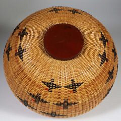 Joan Brink Polychrome Woven “Navajo” Style Basket with Mahogany Rim and Base