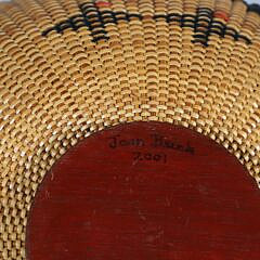 Joan Brink Polychrome Woven “Navajo” Style Basket with Mahogany Rim and Base