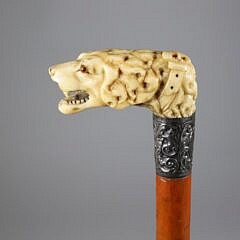 Carved Open Mouth Canine Head Cane, 19th Century