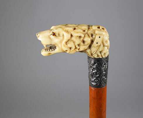 Carved Open Mouth Canine Head Cane, 19th Century