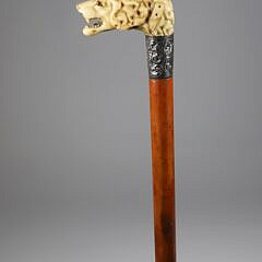Carved Open Mouth Canine Head Cane, 19th Century