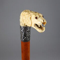 Carved Open Mouth Canine Head Cane, 19th Century
