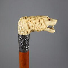 Carved Open Mouth Canine Head Cane, 19th Century