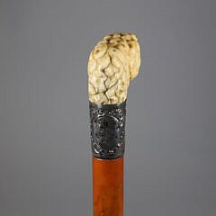 Carved Open Mouth Canine Head Cane, 19th Century