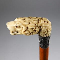 Carved Open Mouth Canine Head Cane, 19th Century