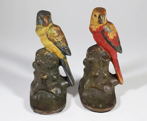 Vintage Painted Cast Iron Parrot Bookends