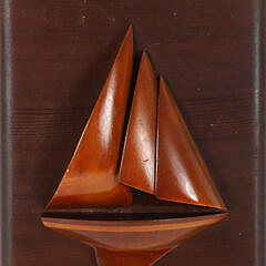 Vintage Miniature Half Hull on Plank of a Sailboat with Carved Wood Sails and Hull