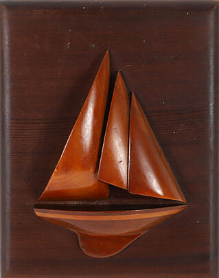 Vintage Miniature Half Hull on Plank of a Sailboat with Carved Sails and Hull