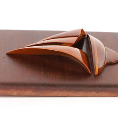 Vintage Miniature Half Hull on Plank of a Sailboat with Carved Wood Sails and Hull