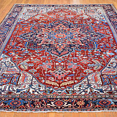 Red and Blue Accents Antique Persian Heriz Hand Knotted Wool Oriental Carpet, circa 1930s