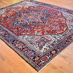 Red and Blue Accents Antique Persian Heriz Hand Knotted Wool Oriental Carpet, circa 1930s