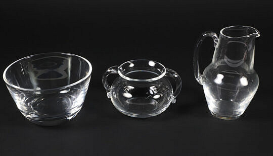 Signed Steuben Clear Glass Creamer, Sugar and Finger Bowl