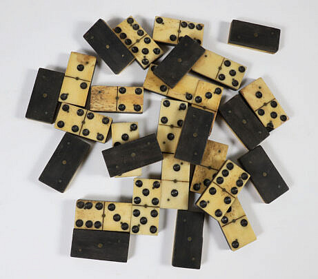 Collection of 28 Antique Bone and Ebony Dominoes