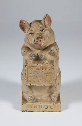 Vintage Painted Cast Iron Piggy bank "The Wise Pig"