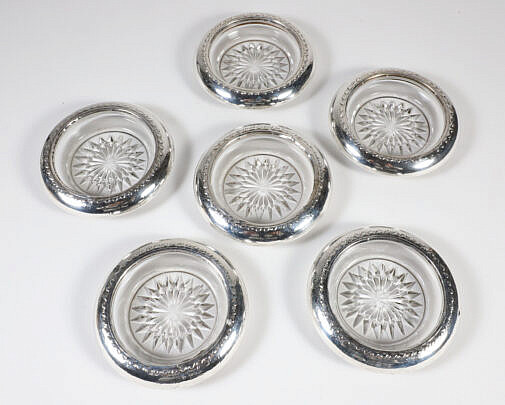 Set of Six Sterling and Crystal Coasters