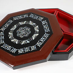 Chinese Red and Black Lacquered Lift Top Five-Compartment Jewelry Box