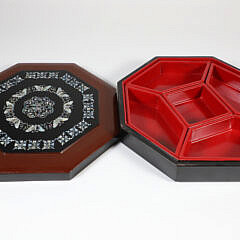 Chinese Red and Black Lacquered Lift Top Five-Compartment Jewelry Box