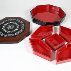 Chinese Red and Black Lacquered Lift Top Five-Compartment Jewelry Box