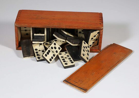 Antique Boxed Bone and Ebony Dominoe Set, 28 Pieces