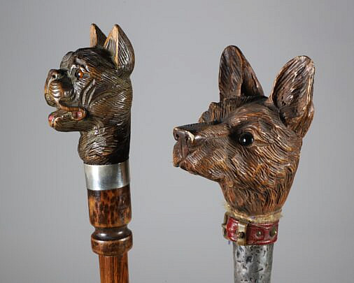 Two large Carved Wood Dog Head Walking Sticks, 19th Century