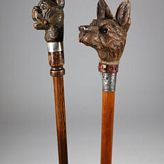 Two large Carved Wood Dog Head Walking Sticks, 19th Century