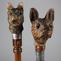 Two large Carved Wood Dog Head Walking Sticks, 19th Century