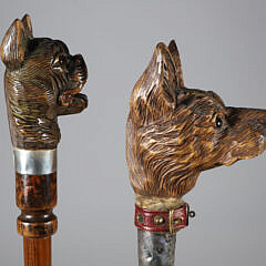 Two large Carved Wood Dog Head Walking Sticks, 19th Century