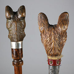 Two large Carved Wood Dog Head Walking Sticks, 19th Century
