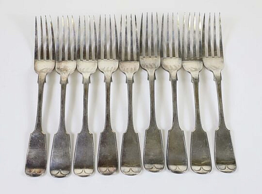 Set of Nine English 19th Century Electroplated Silver Forks, Thomas Prime, Birmingham