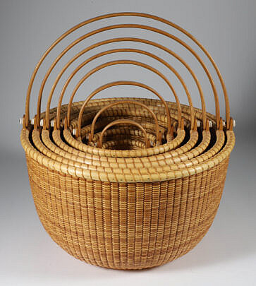 Bill and Judy Sayle Nest of Eight Round Open Swing Handle Nantucket Baskets circa 1994