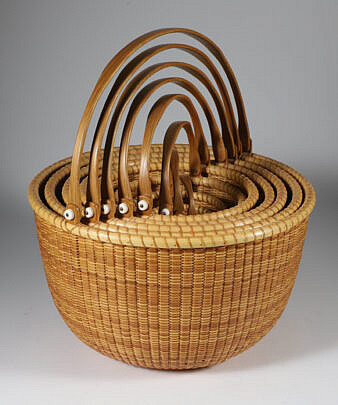 Bill and Judy Sayle Nest of Eight Round Open Swing Handle Nantucket Baskets circa 1994