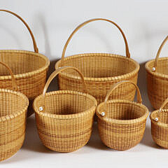 Bill and Judy Sayle Nest of Eight Round Open Swing Handle Nantucket Baskets circa 1994