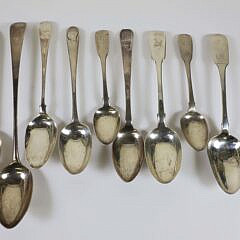Eight Misc. Irish and English Spoons, 18th/19th Century by Various Makers, Together with a 19th C. American Coin Silver Tablespoon
