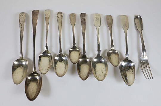Eight Misc. Irish and English Spoons, 18th/19th Century by Various Makers, Together with a 19th C. American Coin Silver Tablespoon