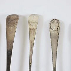 Eight Misc. Irish, English, American Spoons, and French Fork, 18th / 19th Century, by Various Makers