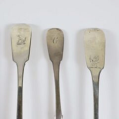 Eight Misc. Irish, English, American Spoons, and French Fork, 18th / 19th Century, by Various Makers