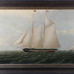 Fine Oil on Canvas “American Portrait of a Two-Masted Schooner Flying a Great Star Pattern American Flag”, 19th Century